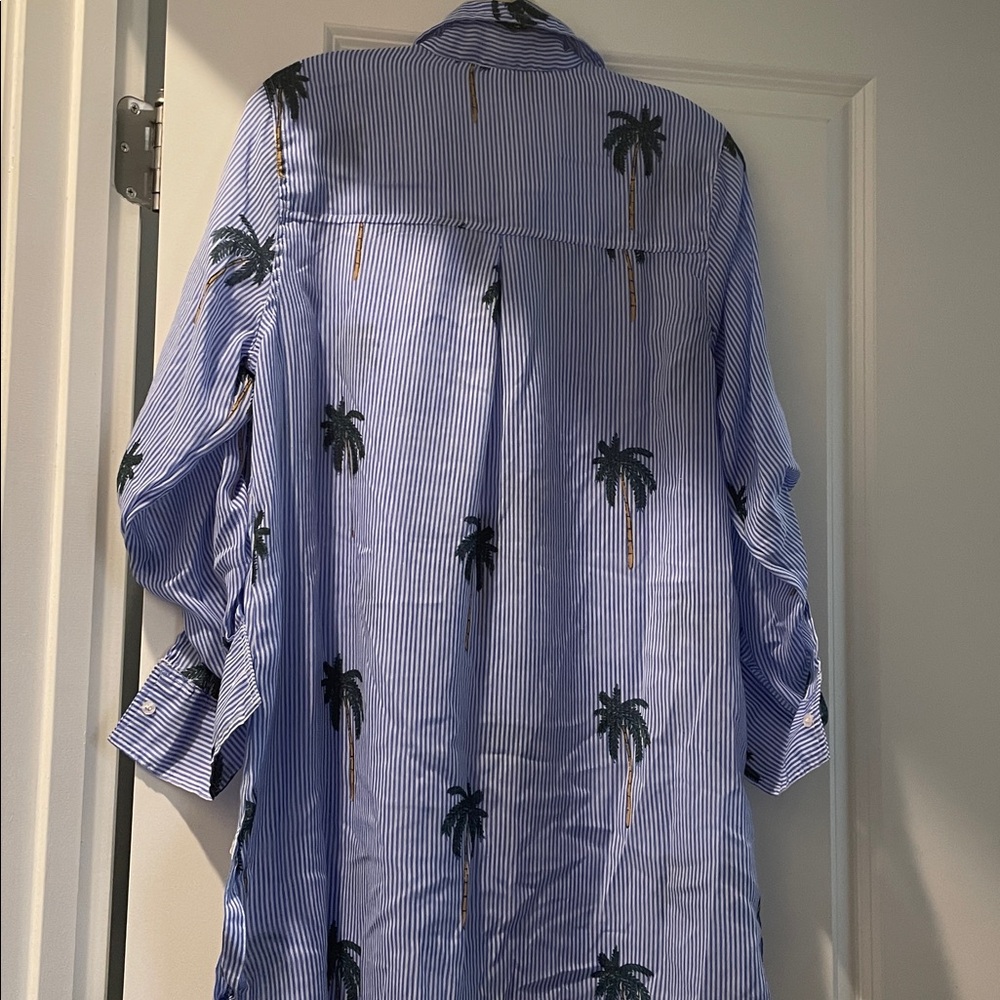 Violet Sky Overshirt Coverup Tunic Size S Blue White Stripes Tropical Vacation - Picture 8 of 13